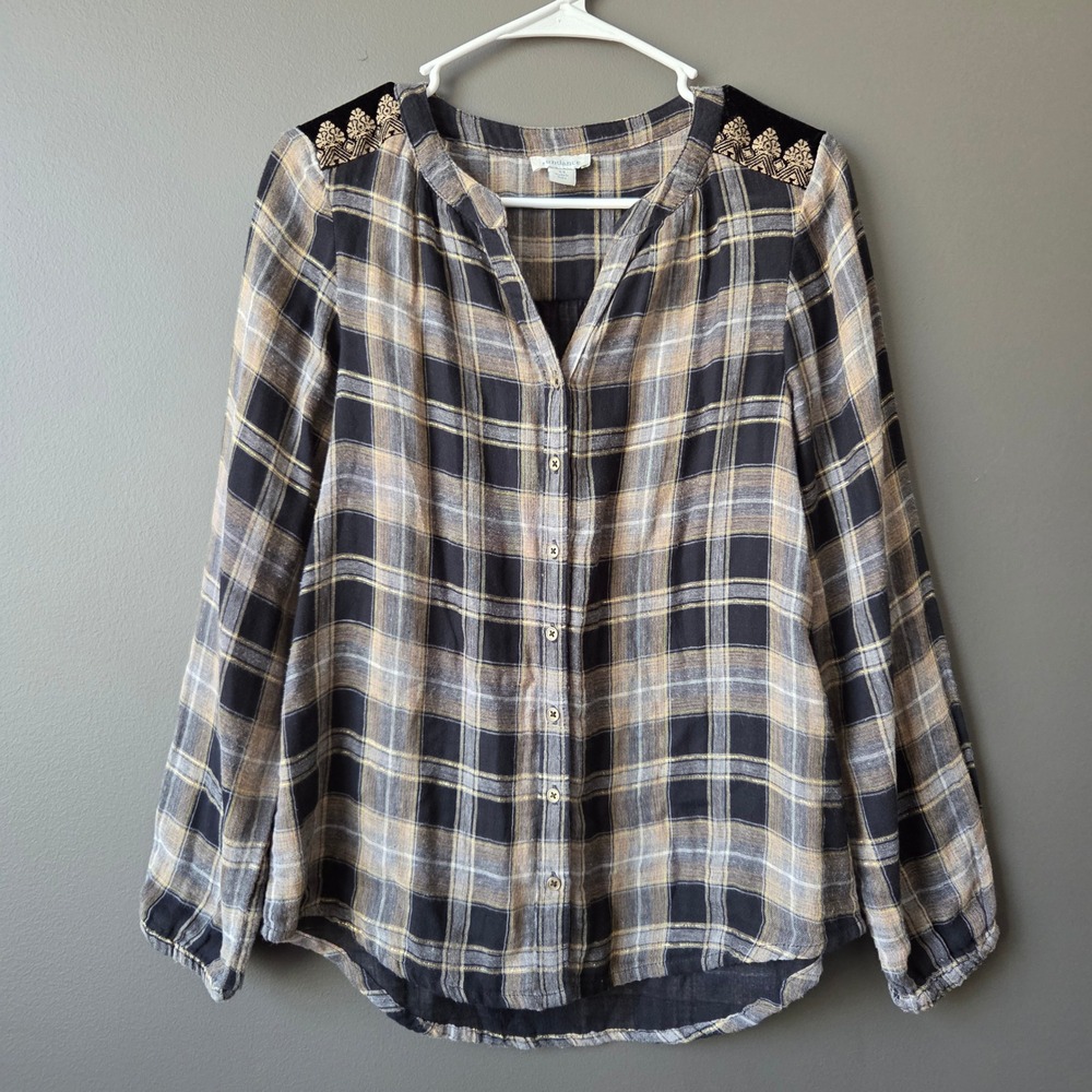 Sundance Women XS Plaid Silk Blend Metallic Gold Embroidered Velvet Blouse